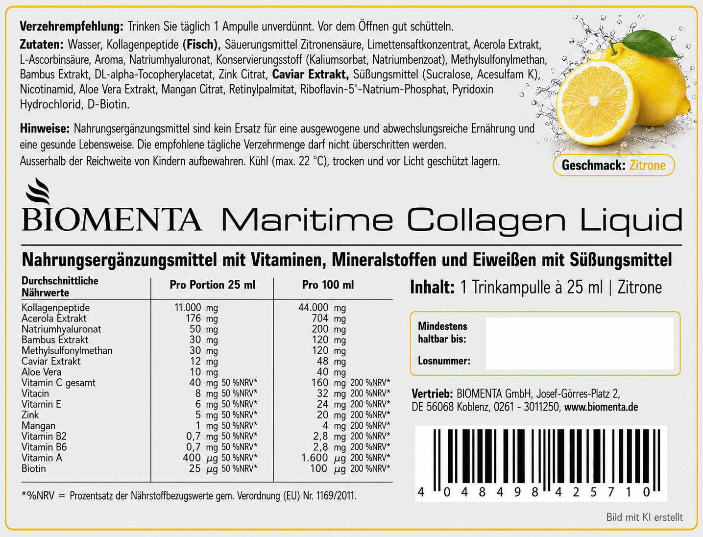 Maritime Collagen Liquid – Karton mit 12 Trinkampullen von BIOMENTA mit Vitaminen, Mineralstoffen und Eiweißen mit Süßungsmittel. Maritime Collagen Liquid – Karton mit 12 Trinkampullen von BIOMENTA mit Vitaminen, Mineralstoffen und Eiweißen mit Süßungsmittel.