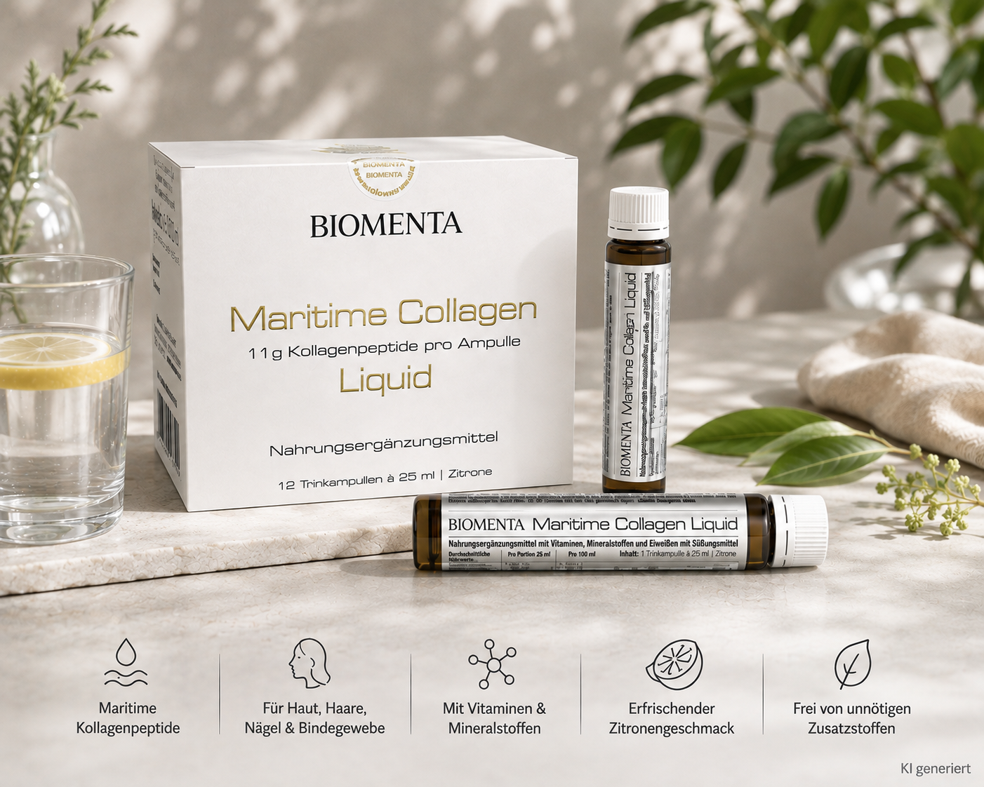 Maritime Collagen Liquid – Karton mit 12 Trinkampullen von BIOMENTA mit Vitaminen, Mineralstoffen und Eiweißen mit Süßungsmittel. Maritime Collagen Liquid – Karton mit 12 Trinkampullen von BIOMENTA mit Vitaminen, Mineralstoffen und Eiweißen mit Süßungsmittel.