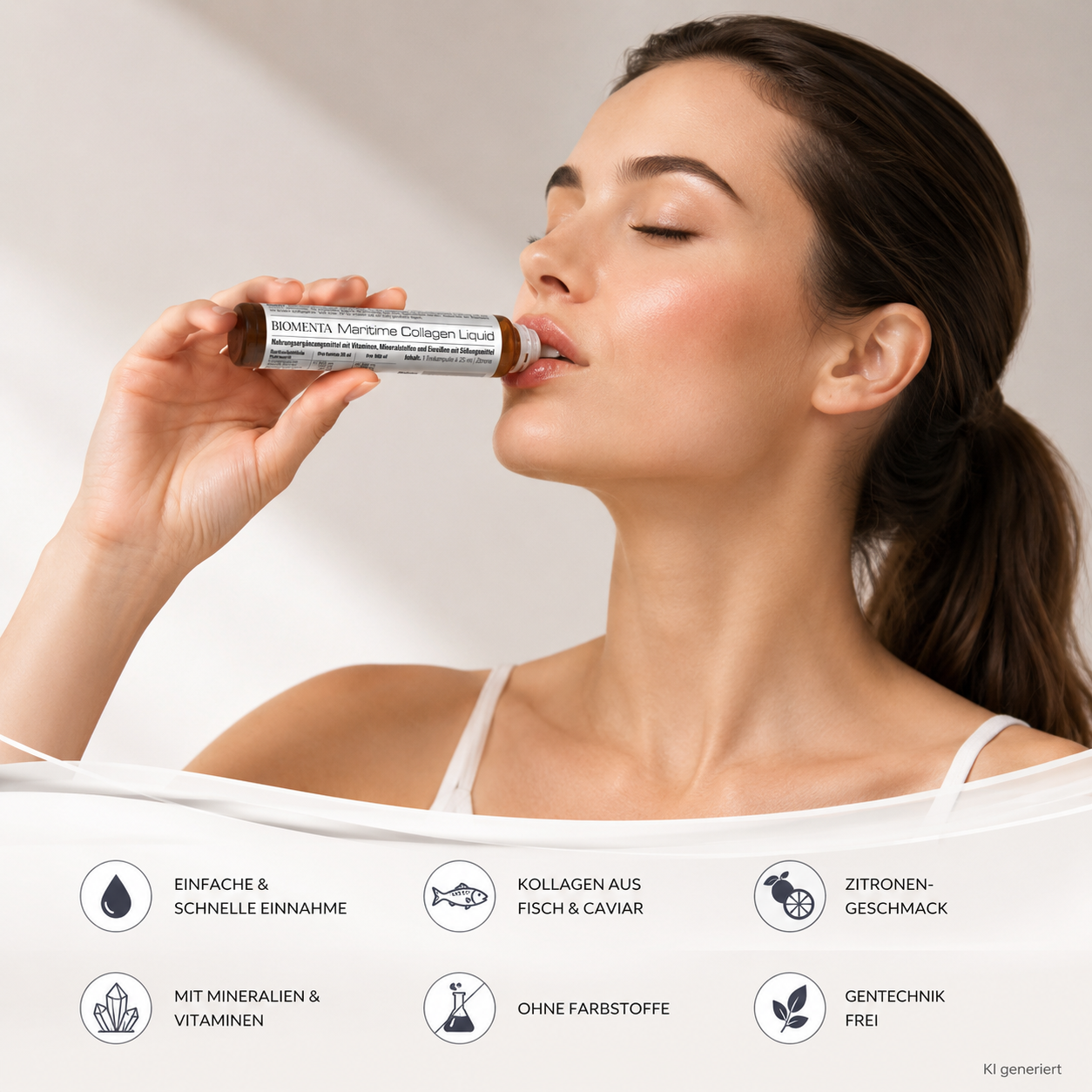 Maritime Collagen Liquid – Karton mit 12 Trinkampullen von BIOMENTA mit Vitaminen, Mineralstoffen und Eiweißen mit Süßungsmittel. Maritime Collagen Liquid – Karton mit 12 Trinkampullen von BIOMENTA mit Vitaminen, Mineralstoffen und Eiweißen mit Süßungsmittel.