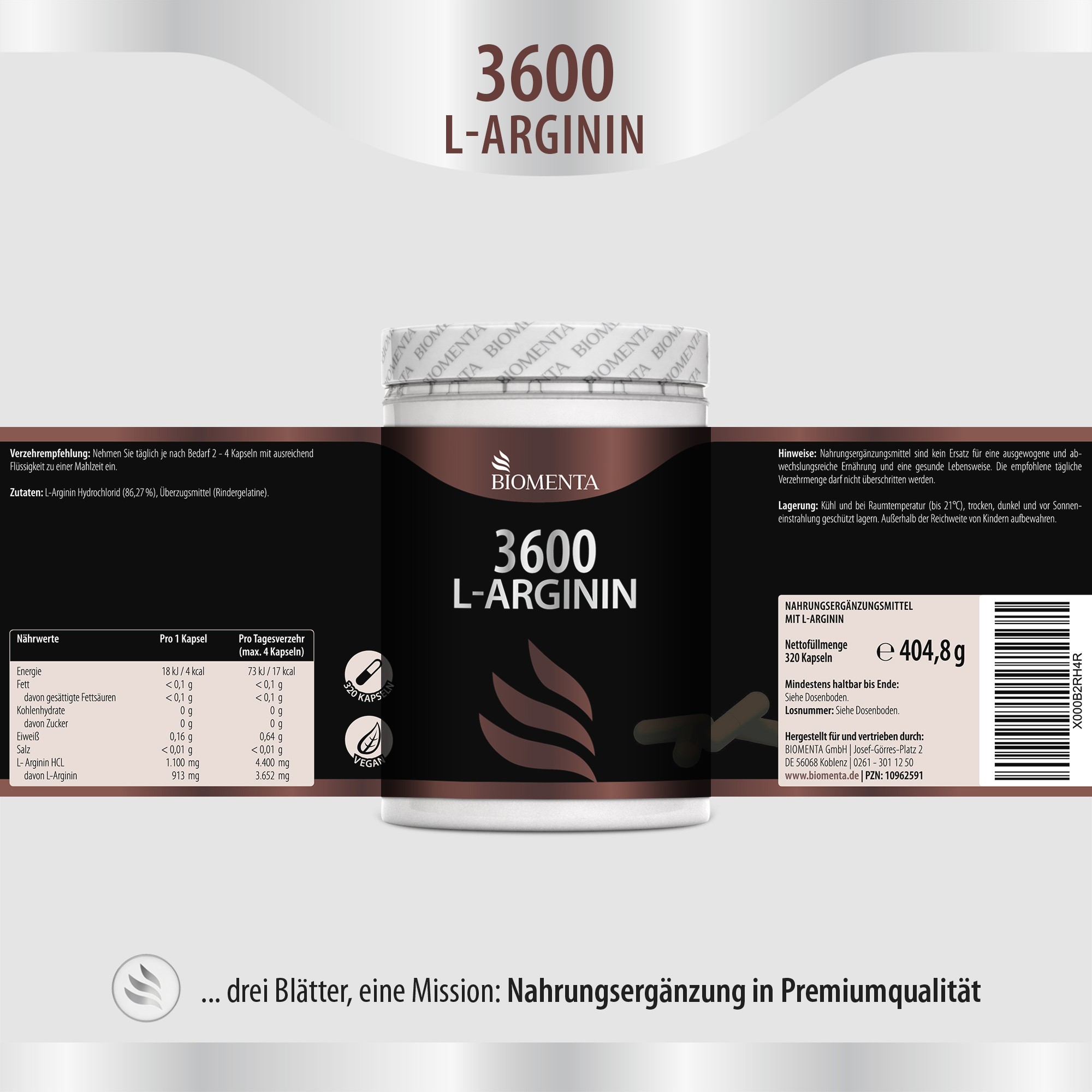 L Arginin Kapseln hochdosiert mit 913 mg / St. -BIOMENTA- 320 St. L Arginin Kapseln hochdosiert mit 913 mg / St. -BIOMENTA- 320 St.