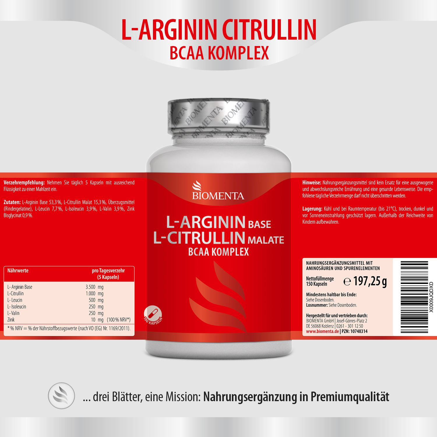 L Arginin Base L-Citrullin Malate BCAA Komplex - Premium Kapseln hochdosiert - BIOMENTA - 150 Kapseln L Arginin Base L-Citrullin Malate BCAA Komplex - Premium Kapseln hochdosiert - BIOMENTA - 150 Kapseln