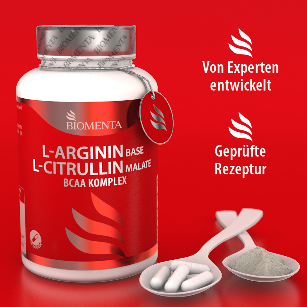 L Arginin Base L-Citrullin Malate BCAA Komplex - Premium Kapseln hochdosiert - BIOMENTA - 150 Kapseln L Arginin Base L-Citrullin Malate BCAA Komplex - Premium Kapseln hochdosiert - BIOMENTA - 150 Kapseln