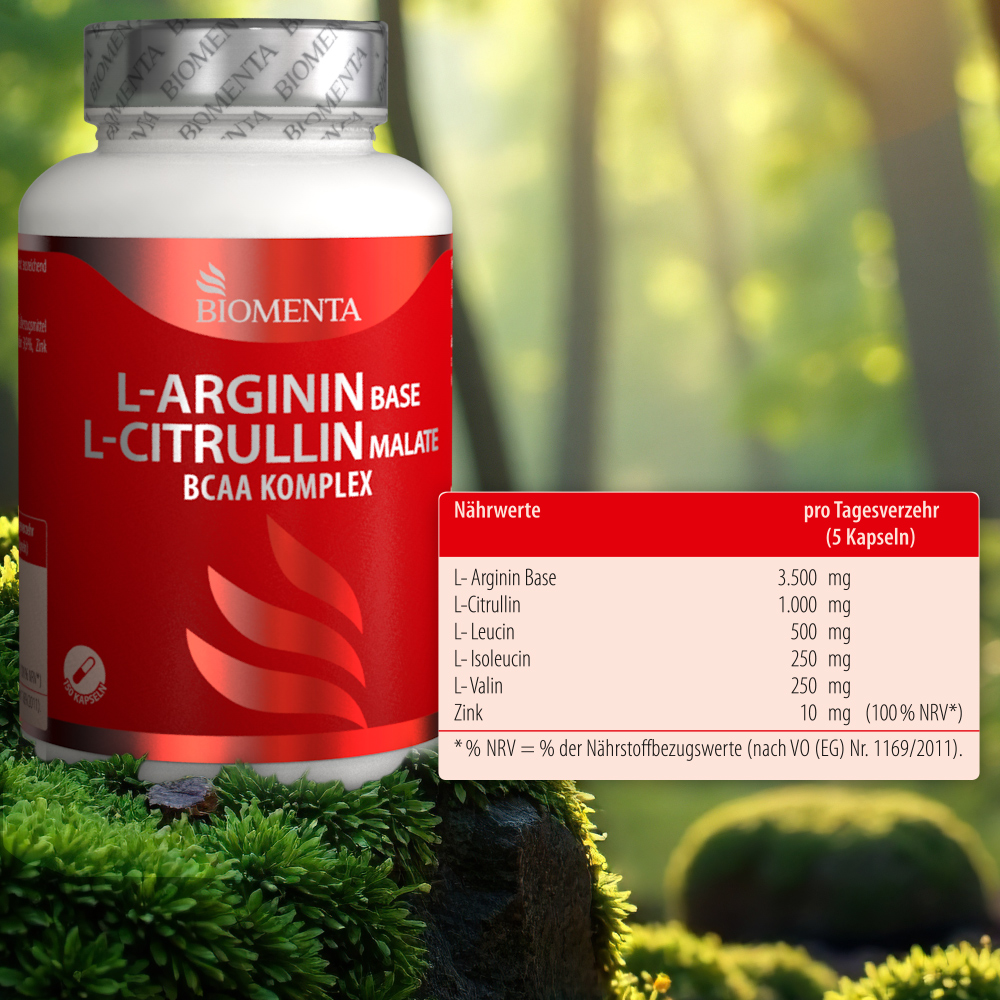 L Arginin Base L-Citrullin Malate BCAA Komplex - Premium Kapseln hochdosiert - BIOMENTA - 150 Kapseln L Arginin Base L-Citrullin Malate BCAA Komplex - Premium Kapseln hochdosiert - BIOMENTA - 150 Kapseln