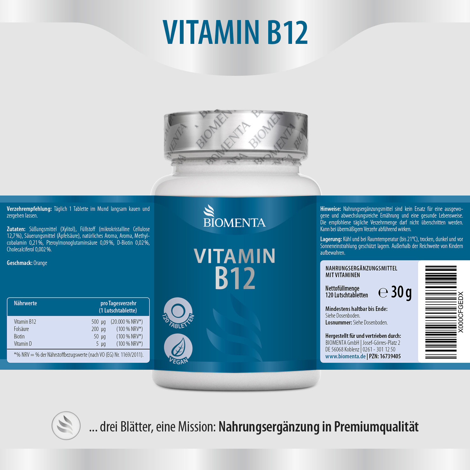 Vitamin B12 – 120 Lutschtabletten – vegan von BIOMENTA Vitamin B12 – 120 Lutschtabletten – vegan von BIOMENTA
