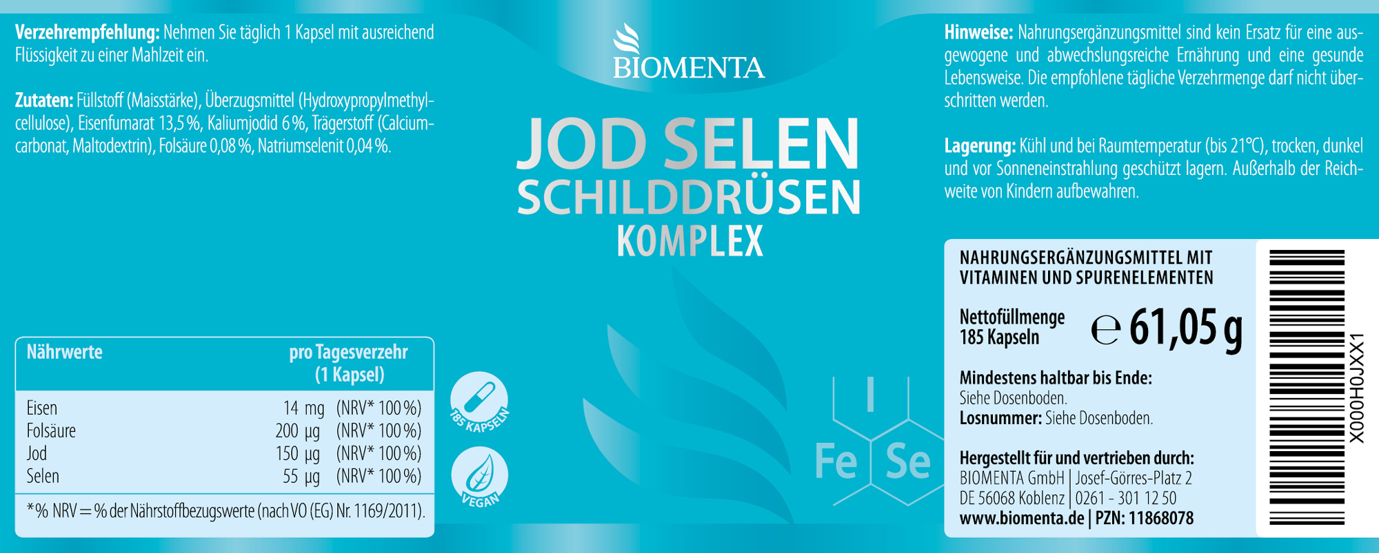 Jod Selen Schilddrüsen Komplex – 185 Kapseln – vegan von BIOMENTA Jod Selen Schilddrüsen Komplex – 185 Kapseln – vegan von BIOMENTA
