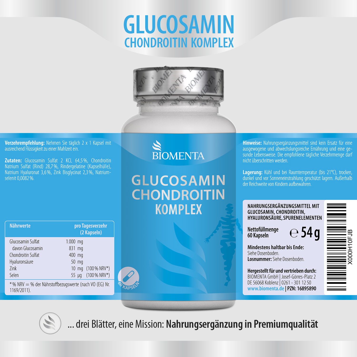 Glucosamine Chondroitin Kapseln + Hyaluron –BIOMENTA- 60 St. Glucosamine Chondroitin Kapseln + Hyaluron –BIOMENTA- 60 St.