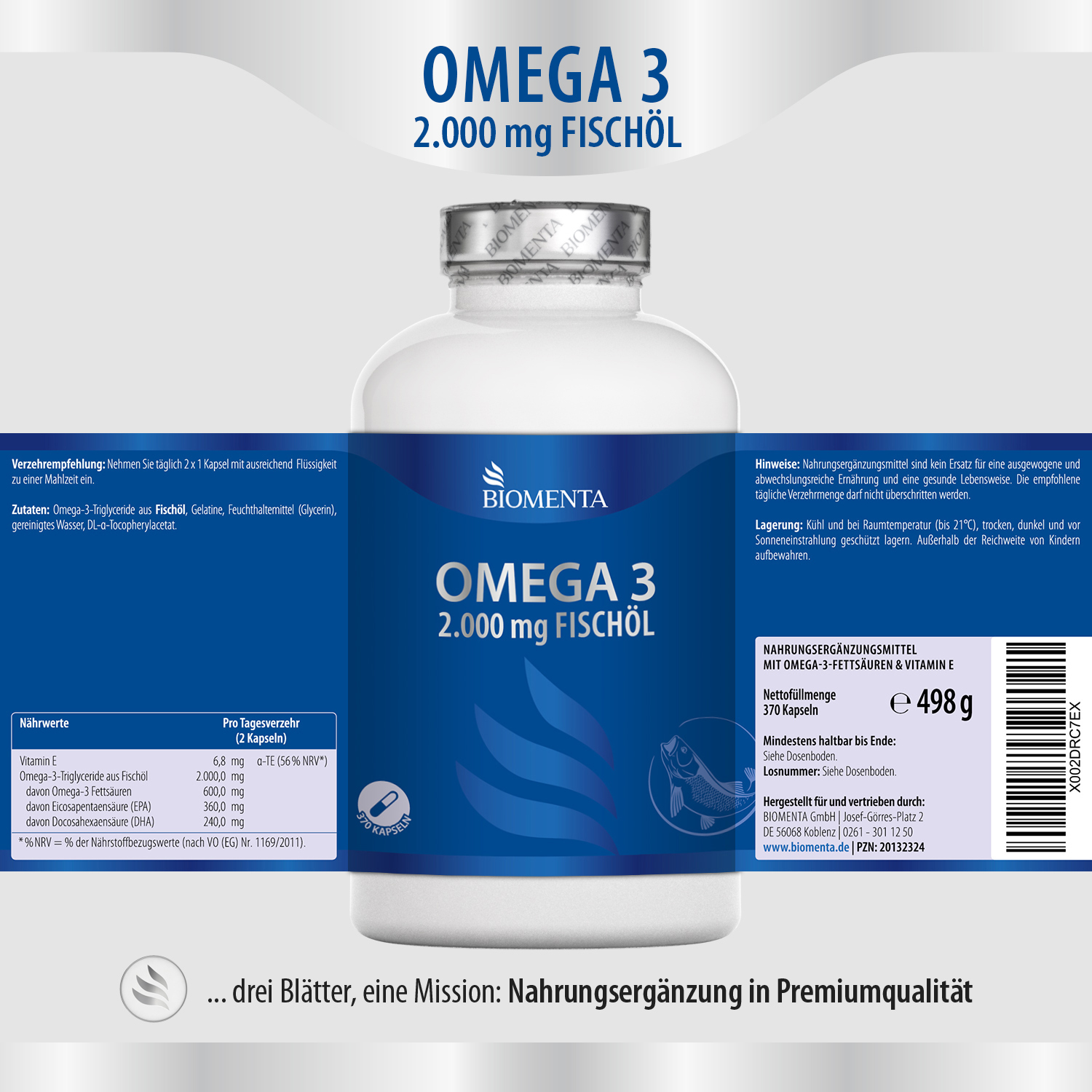 Hochwertige Omega 3 - 2.000 mg Fischöl von BIOMENTA Hochwertige Omega 3 - 2.000 mg Fischöl von BIOMENTA