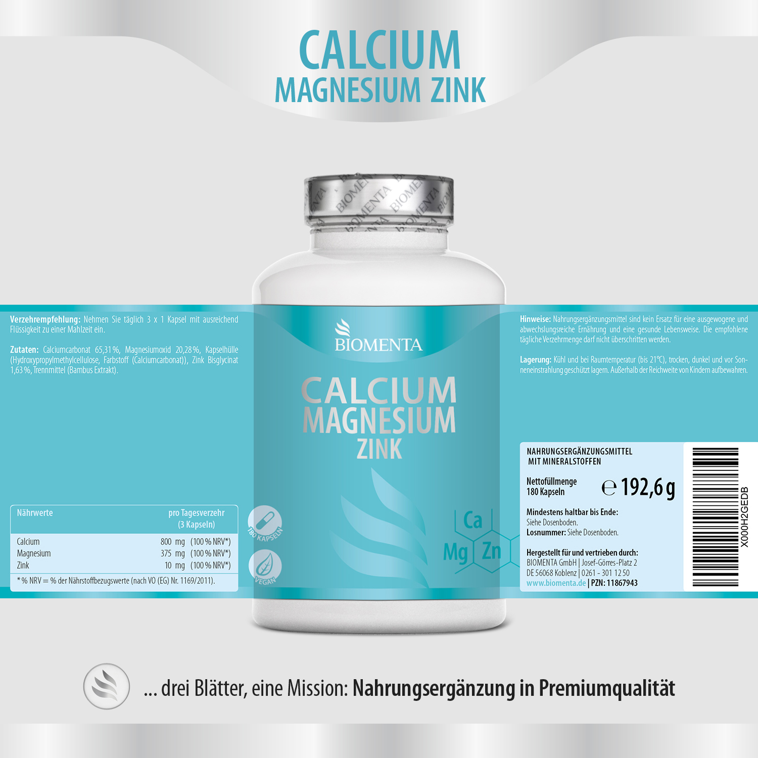 Calcium Magnesium Zink Kapseln - hochdosiert - 180 Kapseln von BIOMENTA Calcium Magnesium Zink Kapseln - hochdosiert - 180 Kapseln von BIOMENTA