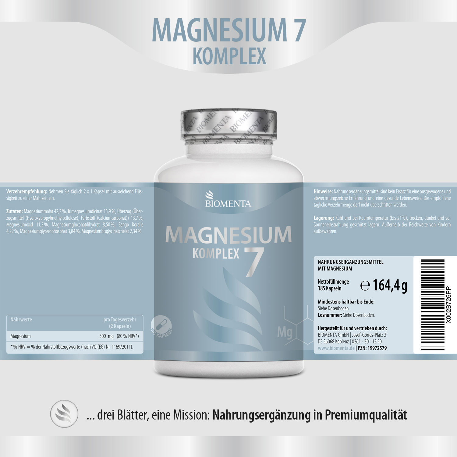 Magnesium 7 Komplex - 7 verschiedene Magnesiumquellen - 185 Kapseln hochdosiert - Premiumqualität von BIOMENTA Magnesium 7 Komplex - 7 verschiedene Magnesiumquellen - 185 Kapseln hochdosiert - Premiumqualität von BIOMENTA
