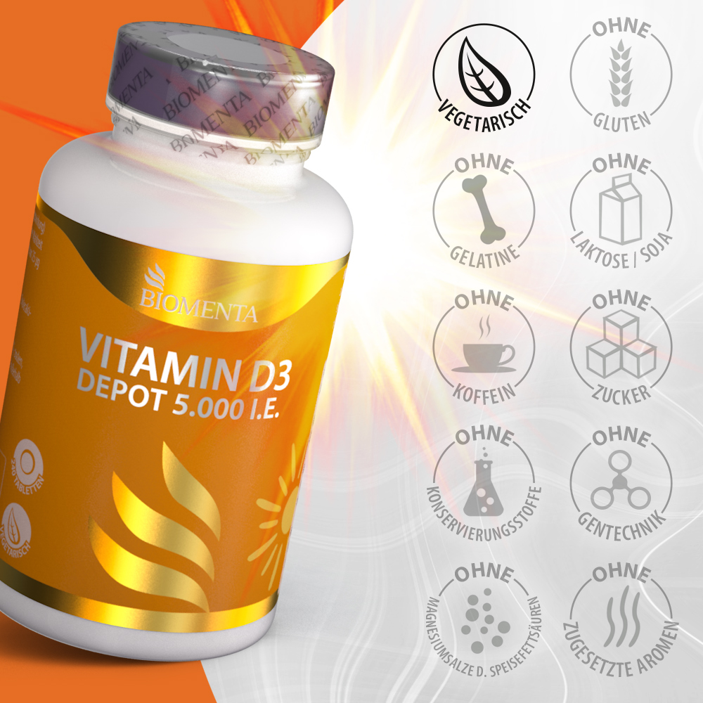 Vitamin D3 – 5.000 I. E. – 120 vegetarische Tabletten – BIOMENTA Vitamin D3 – 5.000 I. E. – 120 vegetarische Tabletten – BIOMENTA