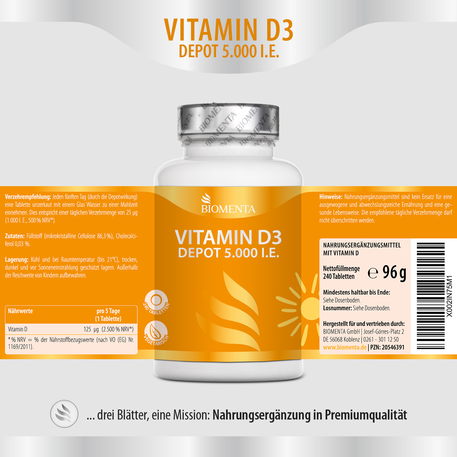 Vitamin D3 – 5.000 I. E. – 120 vegetarische Tabletten – BIOMENTA Vitamin D3 – 5.000 I. E. – 120 vegetarische Tabletten – BIOMENTA