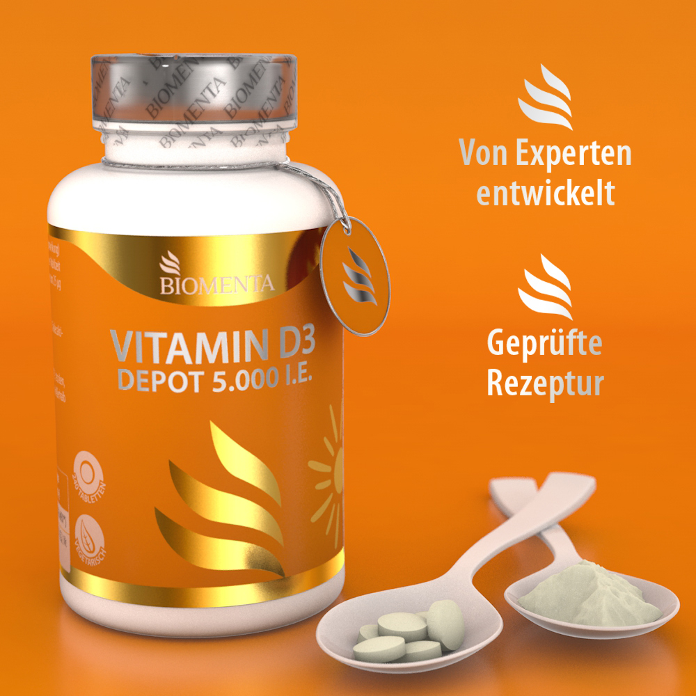 Vitamin D3 – 5.000 I. E. – 120 vegetarische Tabletten – BIOMENTA Vitamin D3 – 5.000 I. E. – 120 vegetarische Tabletten – BIOMENTA