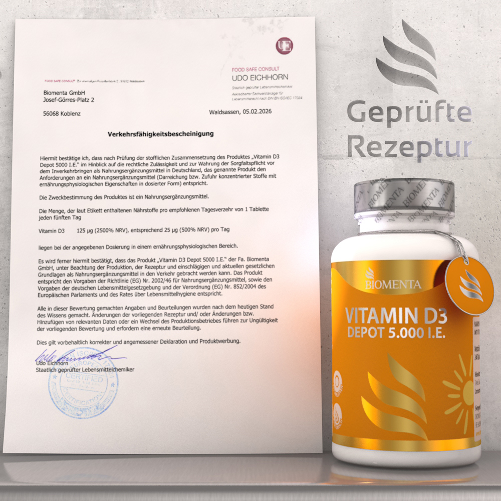 Vitamin D3 – 5.000 I. E. – 120 vegetarische Tabletten – BIOMENTA Vitamin D3 – 5.000 I. E. – 120 vegetarische Tabletten – BIOMENTA