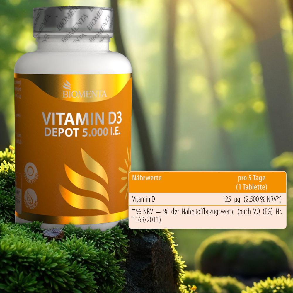 Vitamin D3 – 5.000 I. E. – 120 vegetarische Tabletten – BIOMENTA Vitamin D3 – 5.000 I. E. – 120 vegetarische Tabletten – BIOMENTA