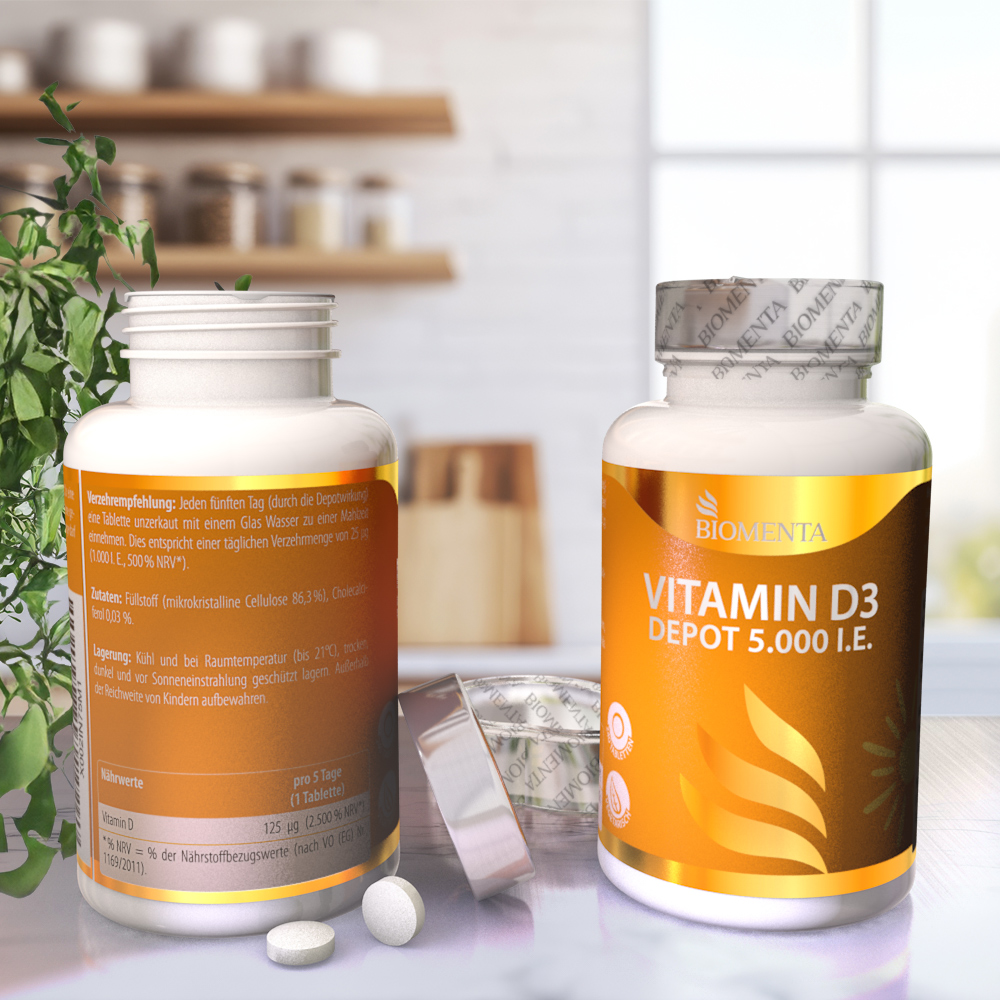 Vitamin D3 – 5.000 I. E. – 120 vegetarische Tabletten – BIOMENTA Vitamin D3 – 5.000 I. E. – 120 vegetarische Tabletten – BIOMENTA