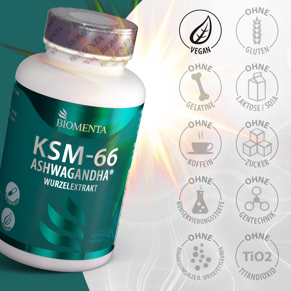 KSM-66 Ashwagandha ® Wurzelextrakt – 185 Kapseln – vegan von BIOMENTA KSM-66 Ashwagandha ® Wurzelextrakt – 185 Kapseln – vegan von BIOMENTA