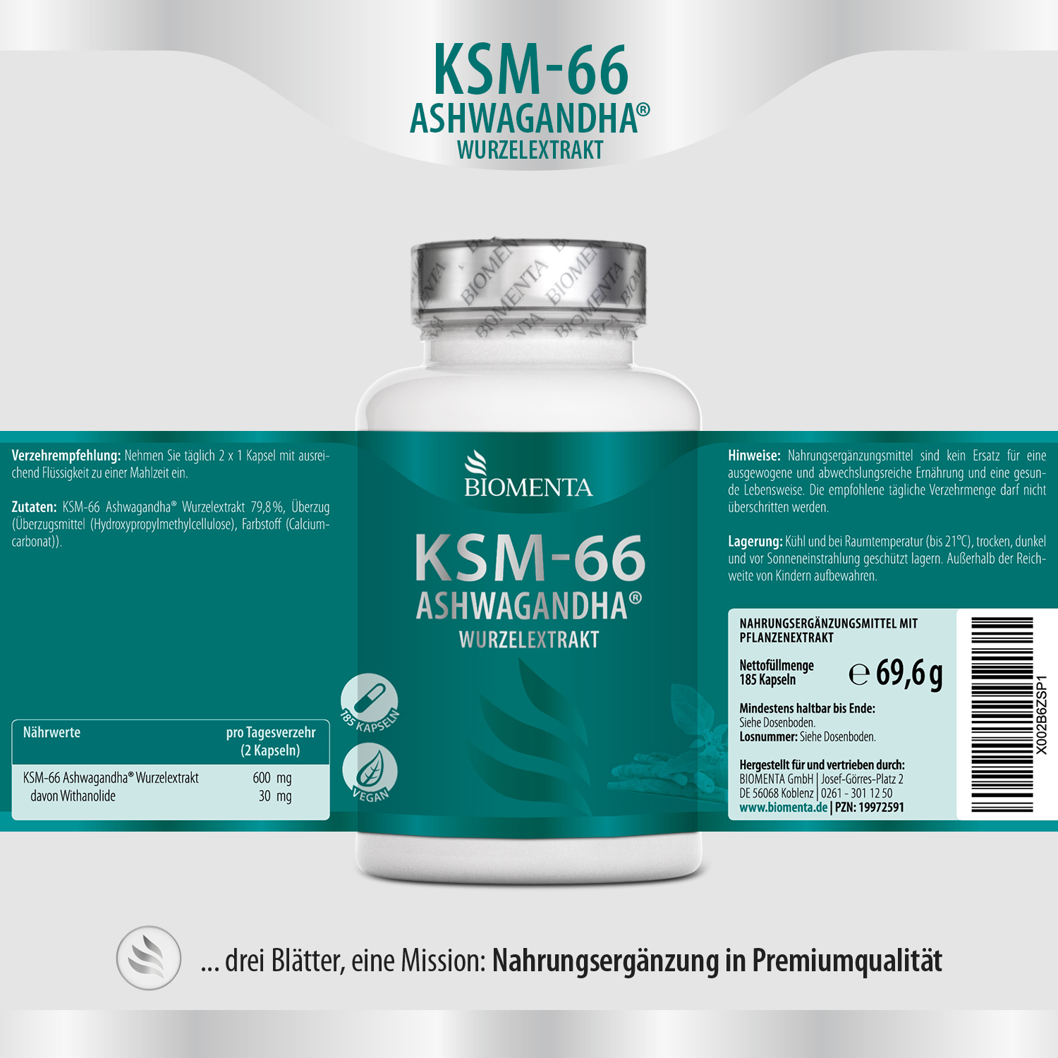 KSM-66 Ashwagandha ® Wurzelextrakt – 185 Kapseln – vegan von BIOMENTA KSM-66 Ashwagandha ® Wurzelextrakt – 185 Kapseln – vegan von BIOMENTA