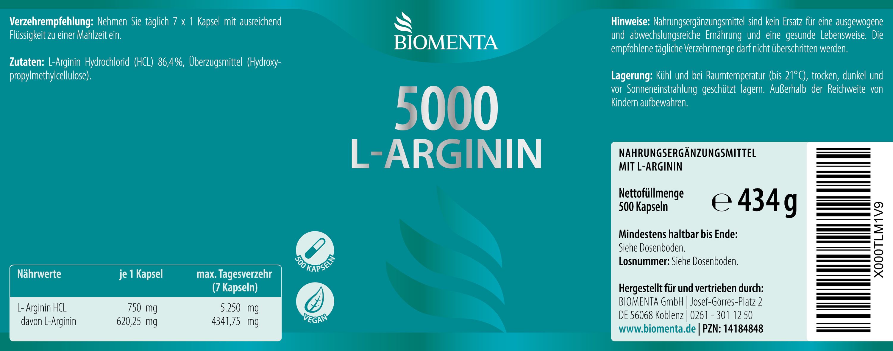 L Arginin Kapseln hochdosiert - vegan -BIOMENTA- 500 St. L Arginin Kapseln hochdosiert - vegan -BIOMENTA- 500 St.