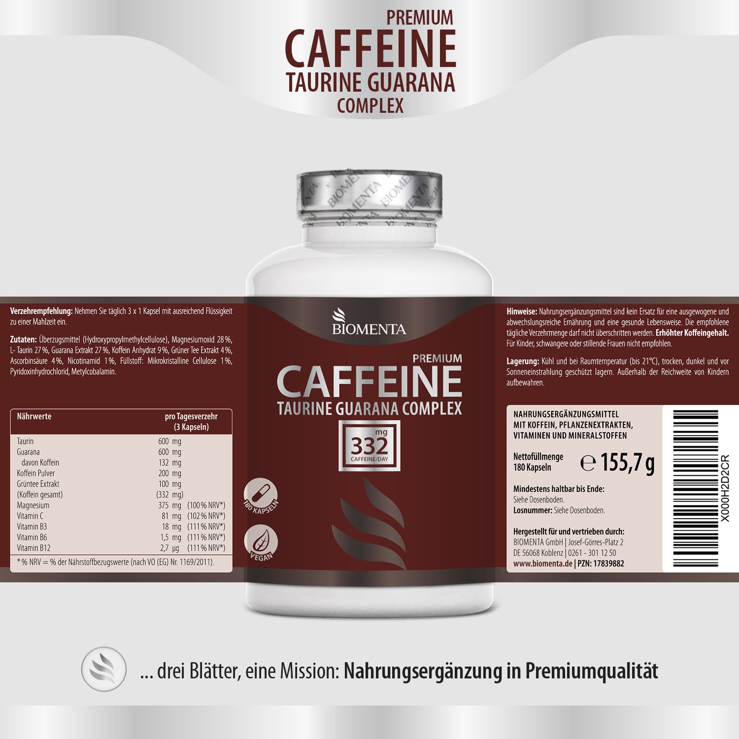 Premium Caffeine Taurine Guarana Kapseln hochdosiert -BIOMENTA- 180 St. Premium Caffeine Taurine Guarana Kapseln hochdosiert -BIOMENTA- 180 St.