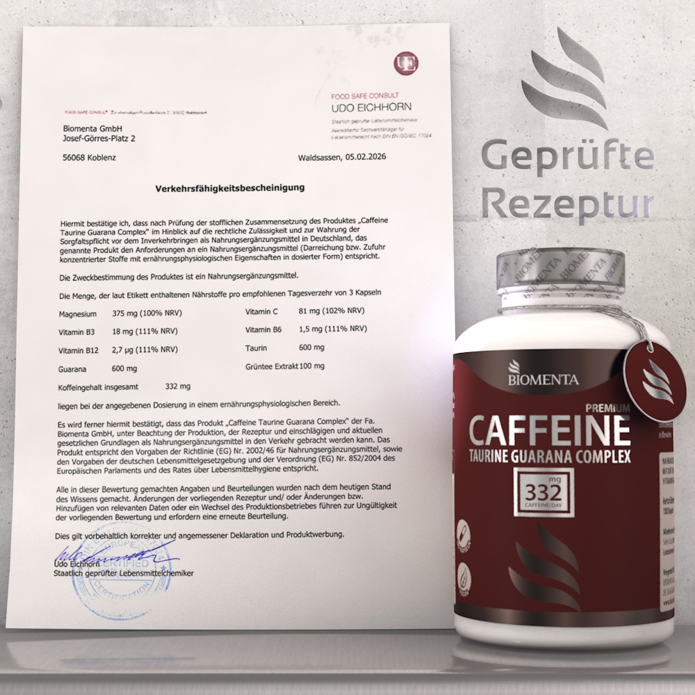 Premium Caffeine Taurine Guarana Kapseln hochdosiert -BIOMENTA- 180 St. Premium Caffeine Taurine Guarana Kapseln hochdosiert -BIOMENTA- 180 St.