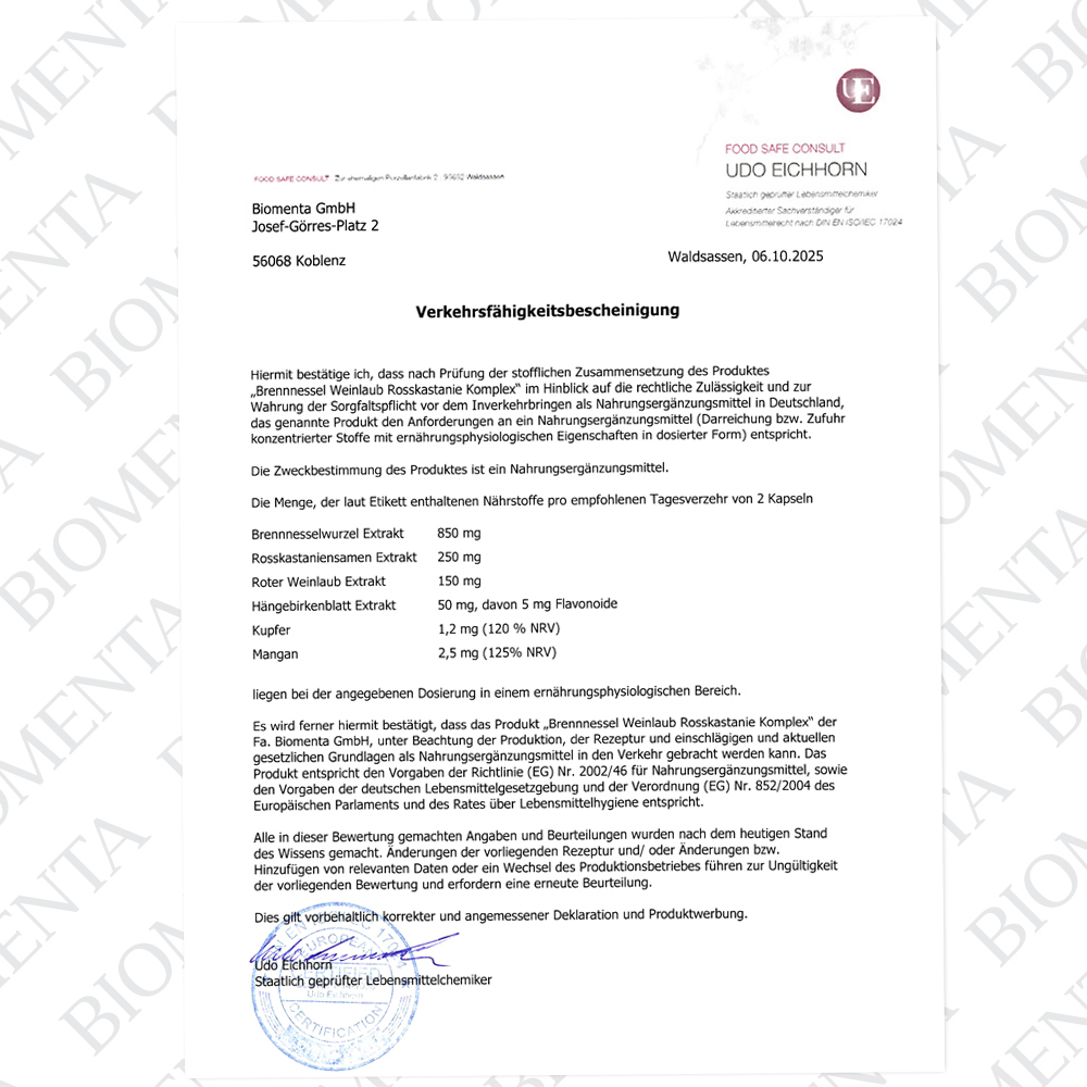 Brennnessel Weinlaub Rosskastanie Komplex von BIOMENTA - 125 Kapseln - vegan Brennnessel Weinlaub Rosskastanie Komplex von BIOMENTA - 125 Kapseln - vegan