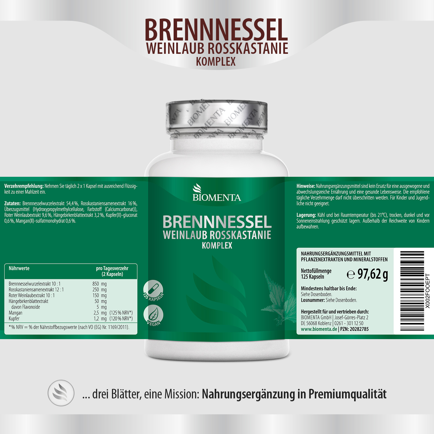Brennnessel Weinlaub Rosskastanie Komplex von BIOMENTA - 125 Kapseln - vegan Brennnessel Weinlaub Rosskastanie Komplex von BIOMENTA - 125 Kapseln - vegan