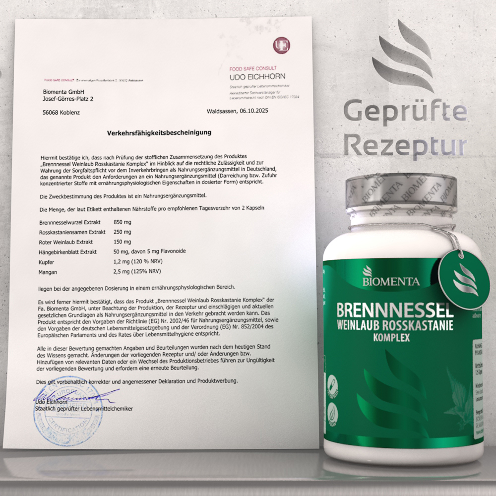 Brennnessel Weinlaub Rosskastanie Komplex von BIOMENTA - 125 Kapseln - vegan Brennnessel Weinlaub Rosskastanie Komplex von BIOMENTA - 125 Kapseln - vegan