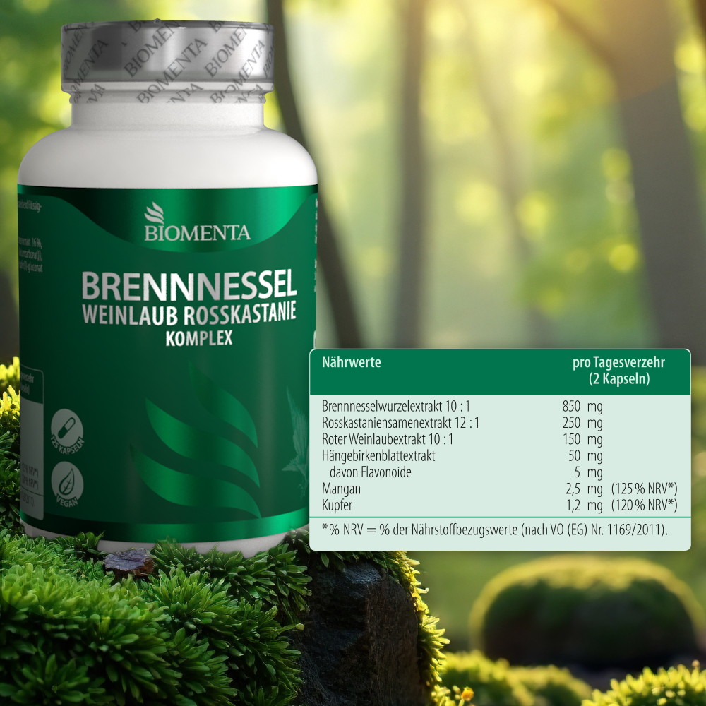 Brennnessel Weinlaub Rosskastanie Komplex von BIOMENTA - 125 Kapseln - vegan Brennnessel Weinlaub Rosskastanie Komplex von BIOMENTA - 125 Kapseln - vegan